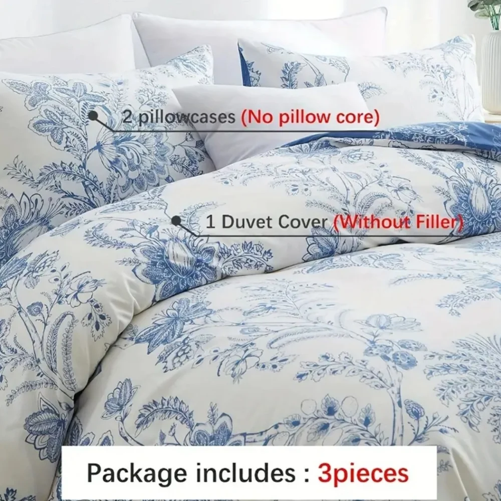 King Size Duvet Double Sided Print Floral Blue & White Bedding Set 3 Pieces Nwt